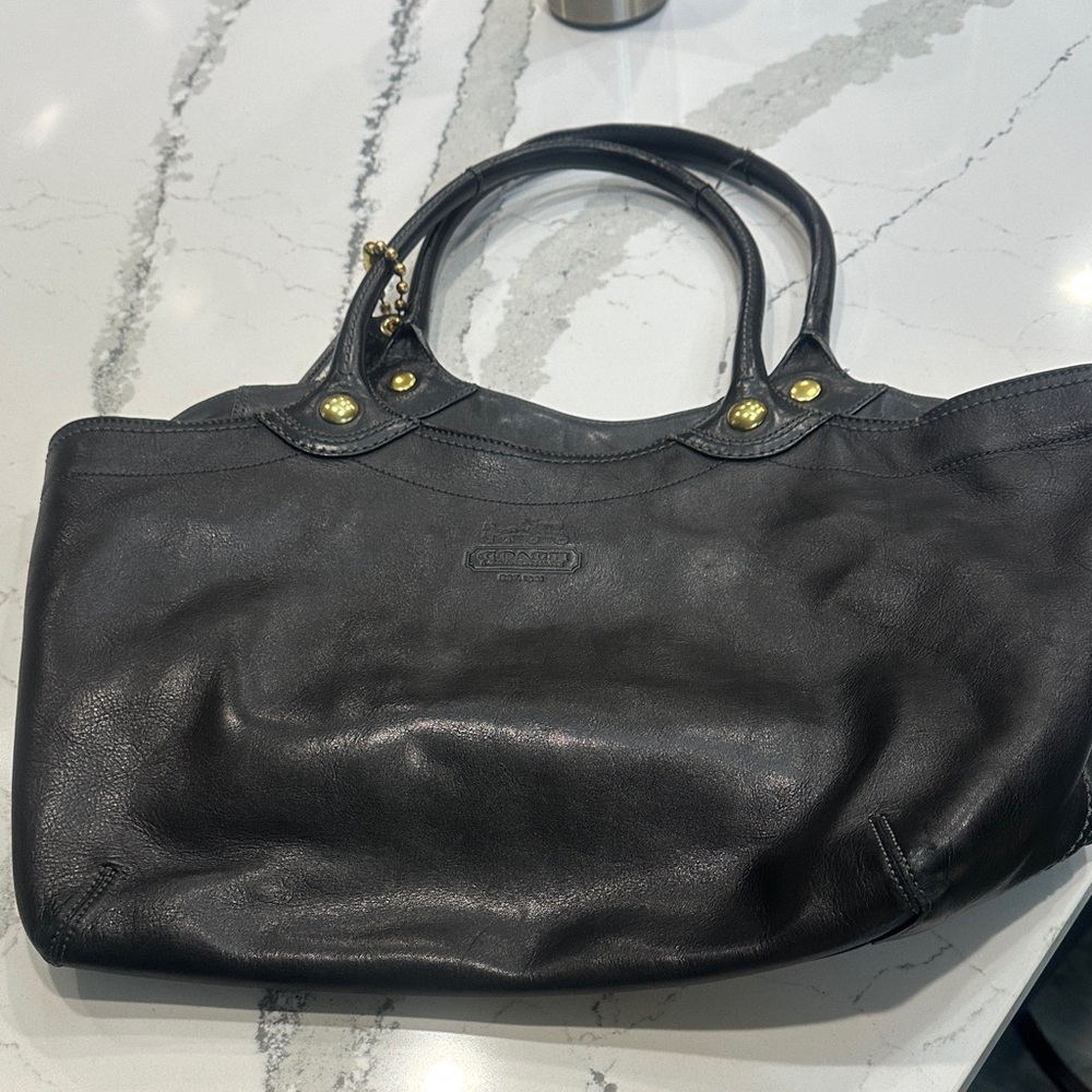 Coach Dark Leather Tote with Gold Accents